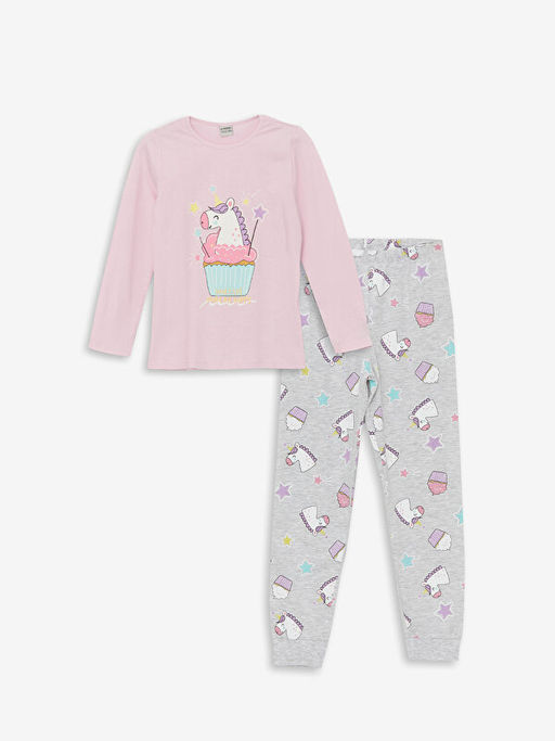 Bisiklet Yaka Bask?l? Uzun Kollu K?z ?ocuk Pijama Tak?m?