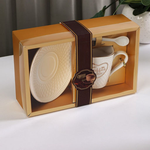 Кофейная пара с ложкой Coffee, 2 предмета: кружка 190 мл, блюдце, керамика, белая