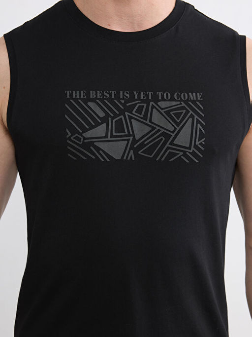 Bisiklet Yaka Bask?l? Penye Erkek Kolsuz Ti??rt