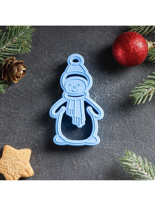 Форма для печенья новогодняя «Снеговик», вырубка, штамп, 9.9×5.7×1.5 см, пластик, голубая