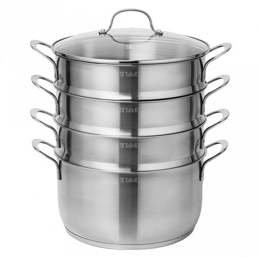 Пароварка (мантоварка) из нержавеющей стали Брилон 7л, д26см, h14см, s0,6мм, дно д23,5см, s4мм, три уровня h7,5см, стеклянная жаропрочная крышка, стальной обод, пароотвод, ручки из нержавеющей стали на сварке, капсулированное дно, полировка матовая