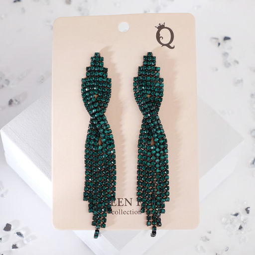 Серьги висячие со стразами Маскарад икс, цвет зелёный, 9см - Queen fair фото 2