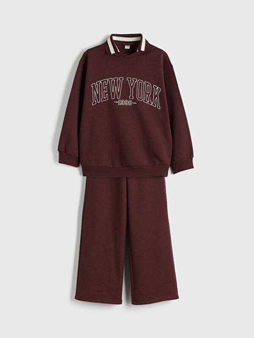 Polo Yaka New York Bask?l? K?z ?ocuk Sweatshirt ve E?ofman Alt