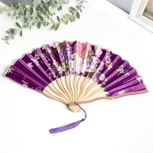 Веер складной h=21 см Цветы, в коробке, изгиб, с кистью, фиолетовый