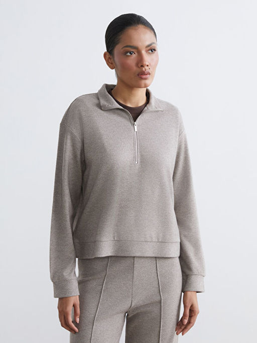 Dik Yaka Desenli Soft Touch Kad?n Sweatshirt