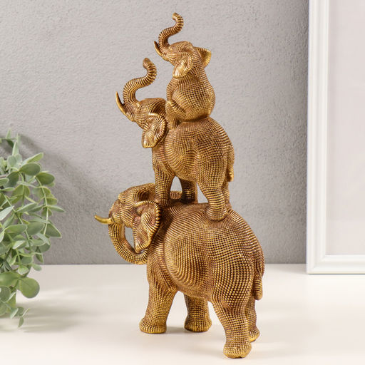 Фигурка 3D полистоун «Пирамида из слонов», т. золото, 20×7×30 см