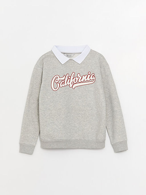 G?mlek Yaka Bask?l? Uzun Kollu K?z ?ocuk Sweatshirt