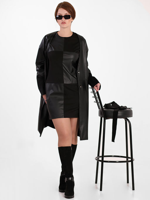 Пальто черное из экокожи белорусского производства с поясом - Almond фото 2