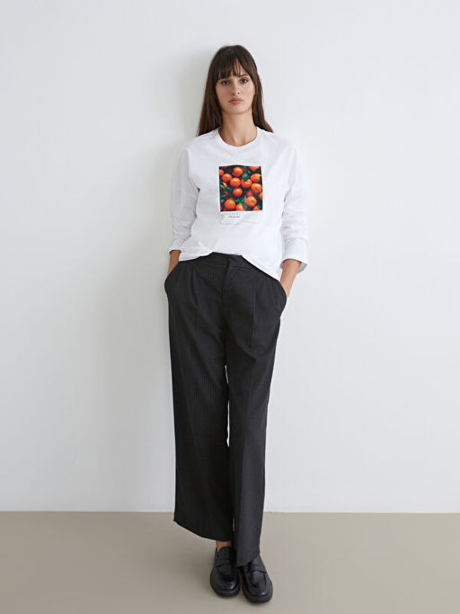 Bisiklet Yaka Bask?l? Oversize Kad?n Ti??rt