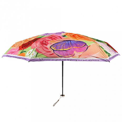 Зонт-мини механический Цветы и бабочки ткань эпонж (полиэстер) с деколью + черное УФ-покрытие, 6 лучей, д/купола 91см, 5 сложений, 17см в сложенном виде, механизм против ветра, пластмассовая ручка, розы, 223гр (Китай) - Домашняя мода фото 2