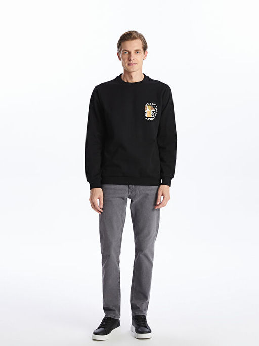 Bisiklet Yaka Bask?l? Erkek Kal?n Sweatshirt