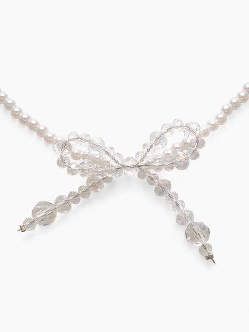 Чокер «Хрустальный бантик», жемчужные бусины, белый в серебре, 33 см + 5 см доп, цепочка
