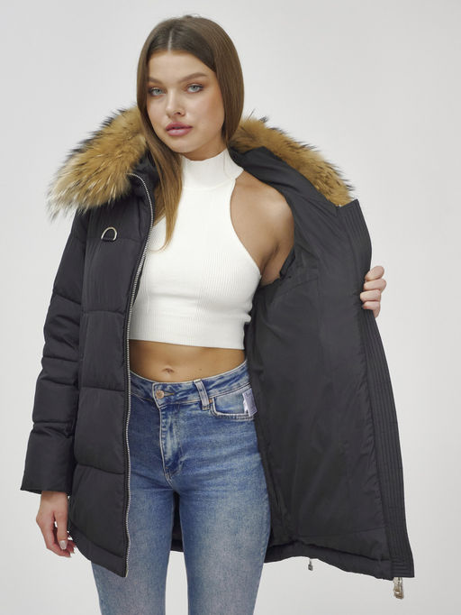 Куртка Бренд Visdeer ПРЕМИУМ КЛАССА зимняя с мехом ЕНОТА, черного цвета