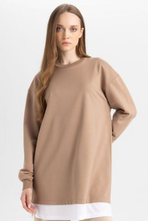 Regular Fit Bisiklet Yaka Etek Ucu Detayl? Basic Duz Sweatshirt Tunik