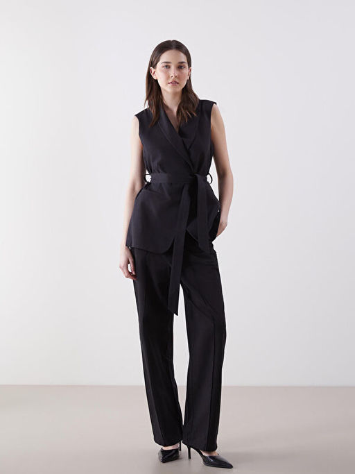 Keten Kar???ml? Kad?n Pileli Pantolon