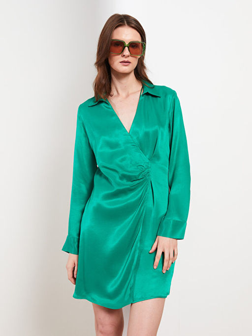 D?z Uzun Kollu Saten Kad?n G?mlek Elbise