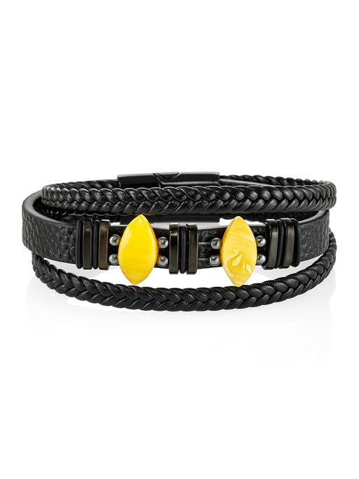 Стильный браслет из кожи, украшенный натуральным янтарём Сильверстоун