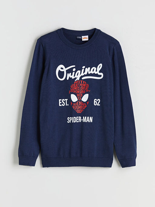 Bisiklet Yaka Spider-Man Bask?l? Erkek ?ocuk Triko Kazak