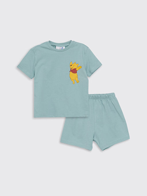 Bisiklet Yaka K?sa Kollu Winnie the Pooh Bask?l? Erkek Bebek ?ortlu Pijama Tak?m?