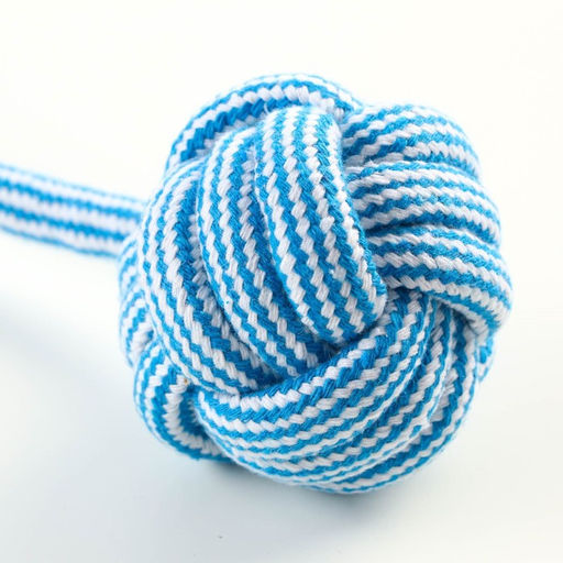 Игрушка-дразнилка для собак с шариком из каната, до 85 г, до 38 см, голубая/белая - Пижон фото 3