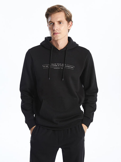 Uzun Kollu Bask?l? Erkek Kal?n Hoodie