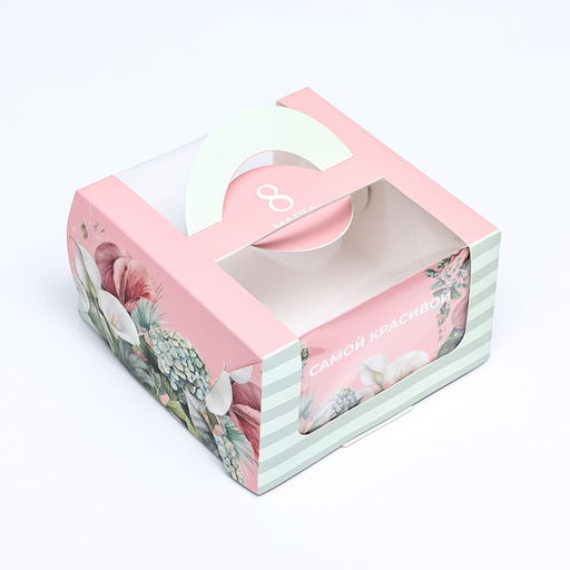 Коробка под бенто - торт с окном «С 8 марта!», 14×14×8 см