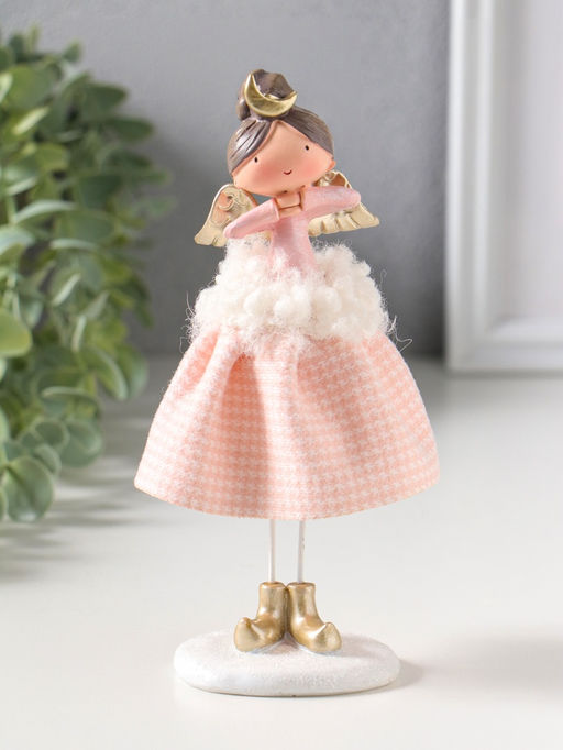 Сувенир полистоун "Ангелочек в розовом клетчатом наряде с мехом" 6х5,5х17,5 см