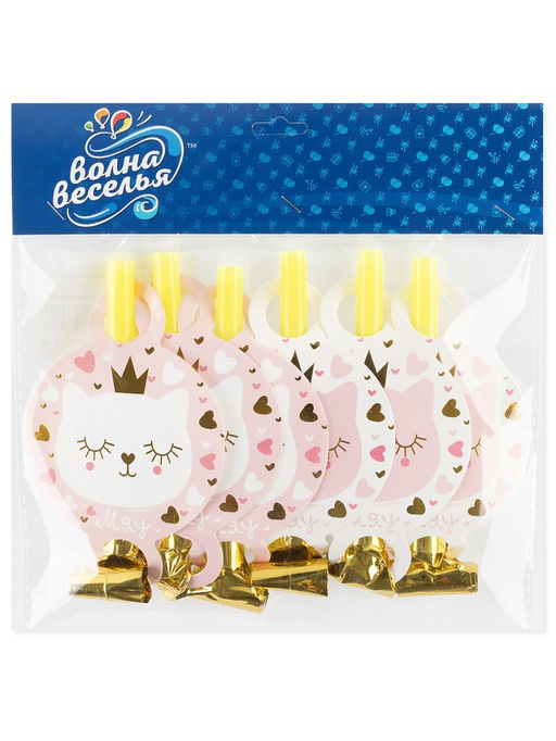 Цена за 2 шт. Карнавальные язычки гудки "Котенок Принцесса" 11 см, 6 шт. в упак.