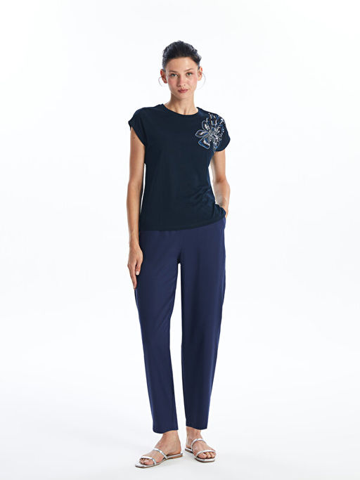 Bisiklet Yaka ??lemeli K?sa Kollu Kad?n Bluz