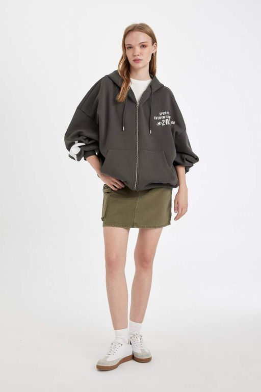 Кардиган оверсайз из плотной ткани с капюшоном и принтом - Defacto фото 4