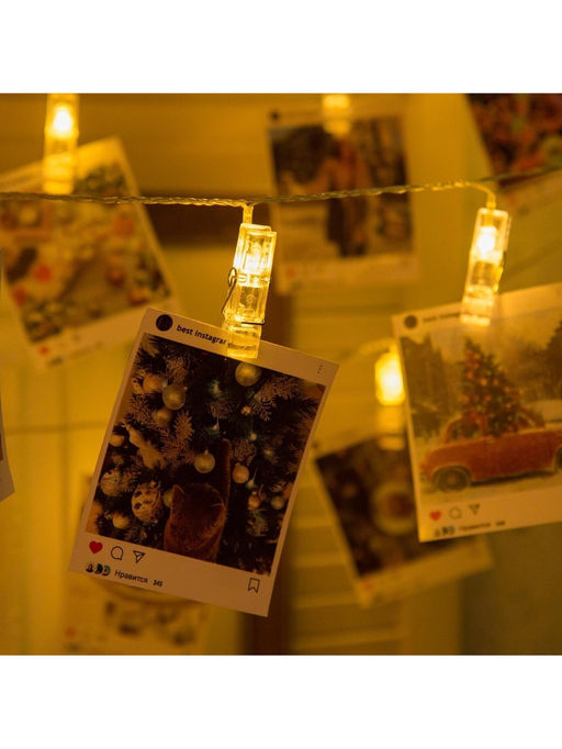 Гирлянда «Нить» 5 м с насадками «Прищепки», IP20, прозрачная нить, 30 LED, свечение тёплое белое, 8 режимов, 220 В