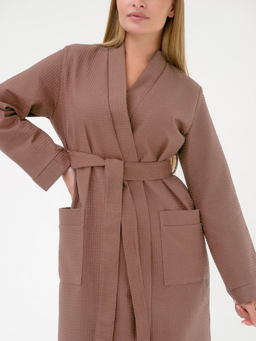 Женский вафельный халат с планкой коричневый В-02 (21)