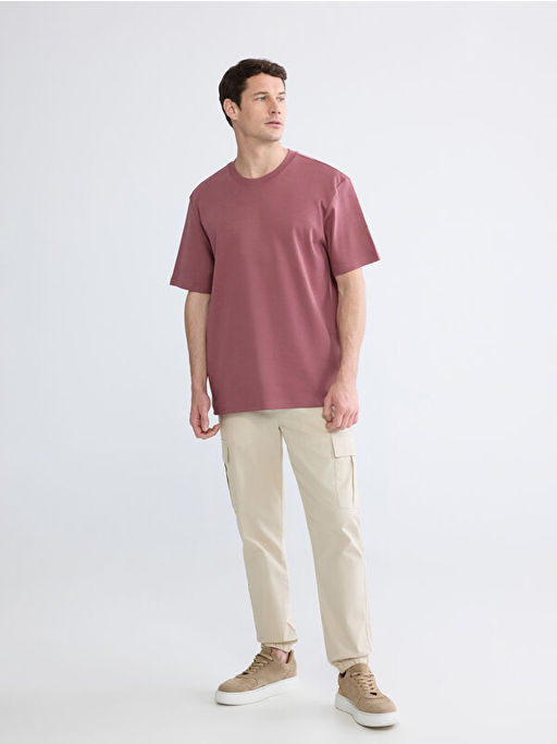 Oversize Fit Bisiklet Yaka Bask?l? Erkek Ti??rt