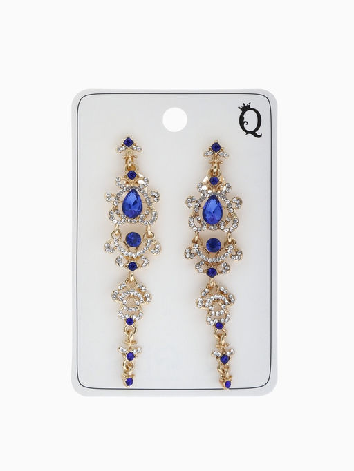 Клипсы для ушей висячие со стразами QF Ажур, капли с завитками, цвет бело-синий в золоте