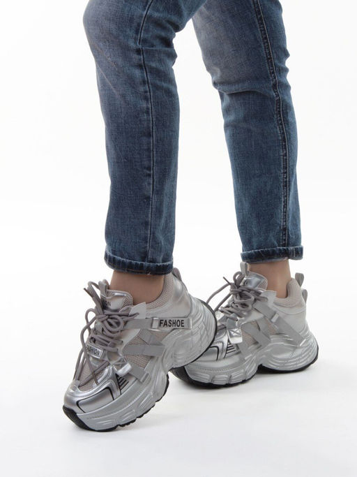03-18C GREY/SILVER Кроссовки женские (натуральная кожа, искусственная кожа)