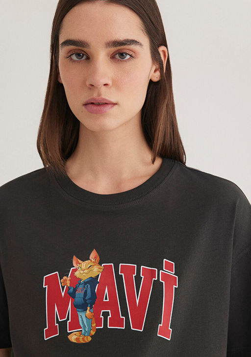Kedi Logo Bask?l? Antrasit Tisort - Mavi фото 5