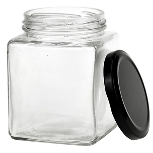 Банка стеклянная с винтовой крышкой "Кубик" 0,4л, h9,5см, цветная, металлическая крышка, диаметр горла - 5,8см, основание - 7,5х7,5см (Китай)