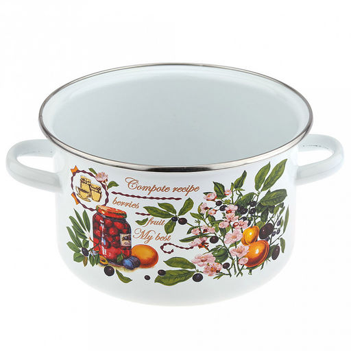 "Вкусный компот" Кастрюля эмалированная 3л, д20см, h12,5см, цилиндрическая форма, металлическая крышка, белый (Россия)