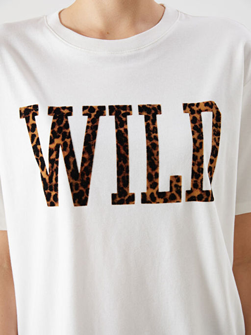 Bisiklet Yaka Bask?l? Oversize Kad?n Ti??rt