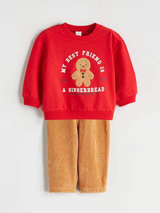 Bask?l? Erkek Bebek Sweatshirt ve Pantolon 2li