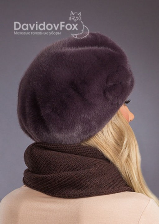 Шапка Берет экомех с украшением браун