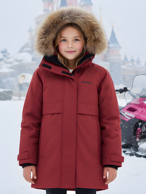 Парка зимняя подростковая для девочки с капюшоном и мехом бордового цвета 9534Bo