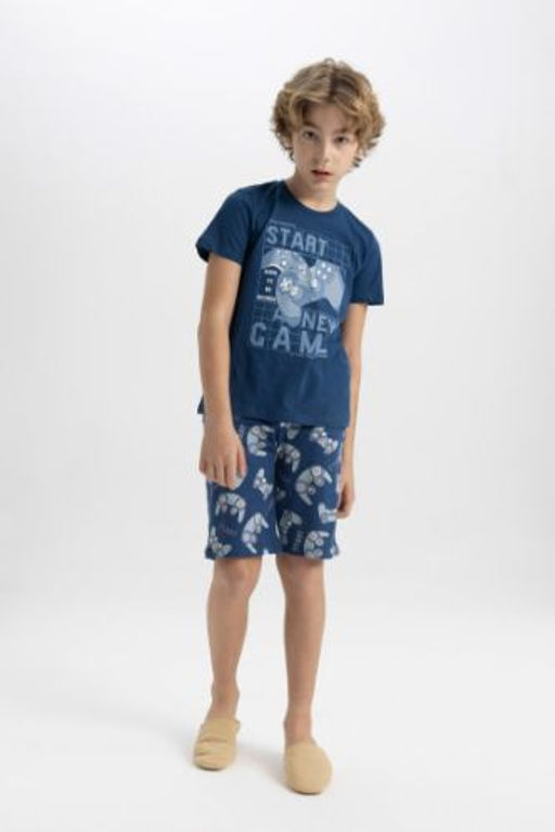 Erkek Cocuk Pijama Tak?m? Bask?l? K?sa Kollu Ust Sort