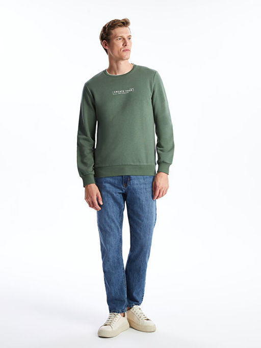 Bisiklet Yaka Bask?l? Erkek Kal?n Sweatshirt