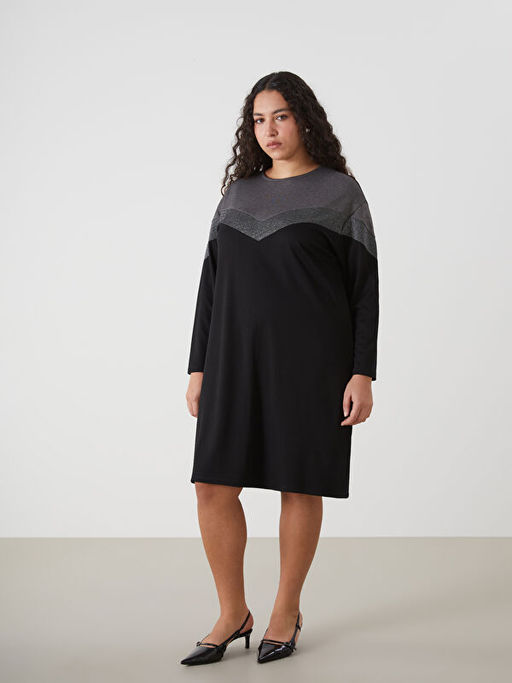 Bisiklet Yaka Renk Bloklu Elbise