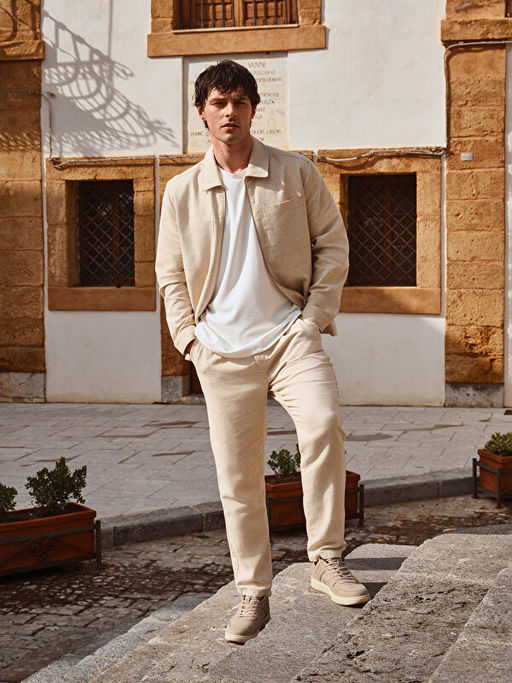 Slim Fit G?mlek Yaka %100 Keten Erkek Mont