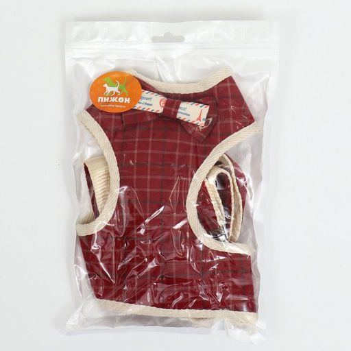 Комплект с мягкой шлейкой Клетки, размер L, поводок 120 х 1,5 см, ОГ 42-76 см, красный - Пижон фото 10