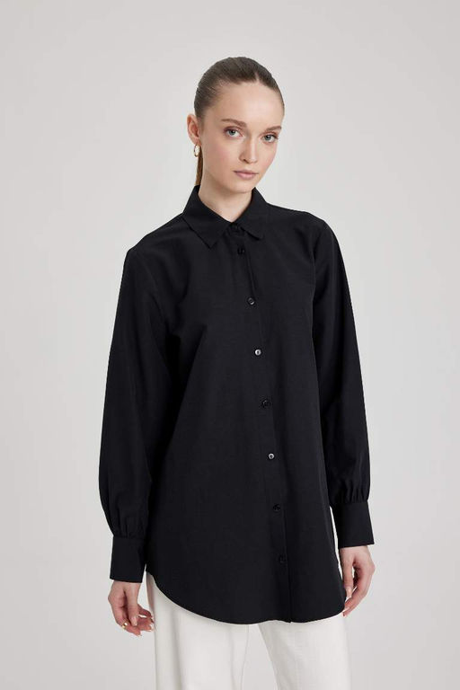 Туника из поплина с длинными рукавами и рубашечным воротником стандартного кроя - Defacto фото 3