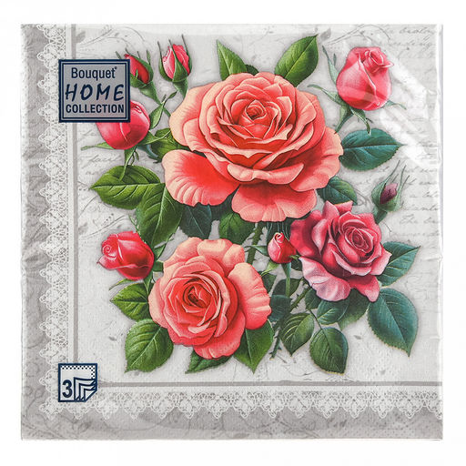 Салфетки бумажные Bouquet Home Collection Classic 33х33см, 3-х слойные, 20 штук в упаковке, 100% целлюлоза, Розы в рамке. Серебро (Россия)