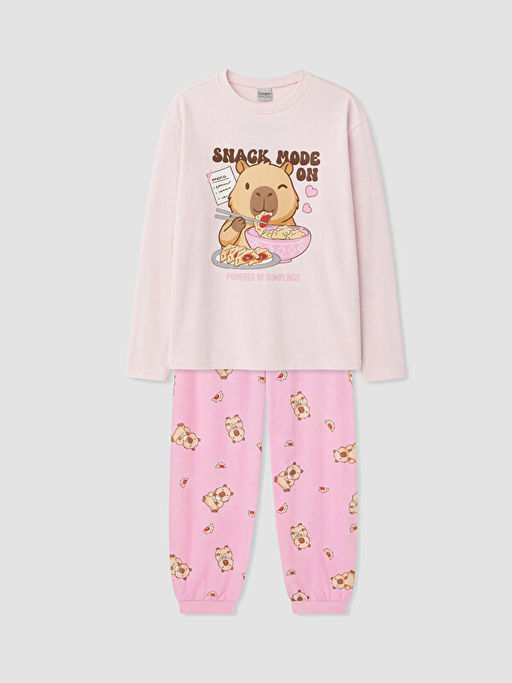 Bisiklet Yaka Bask?l? K?z ?ocuk Pijama Tak?m